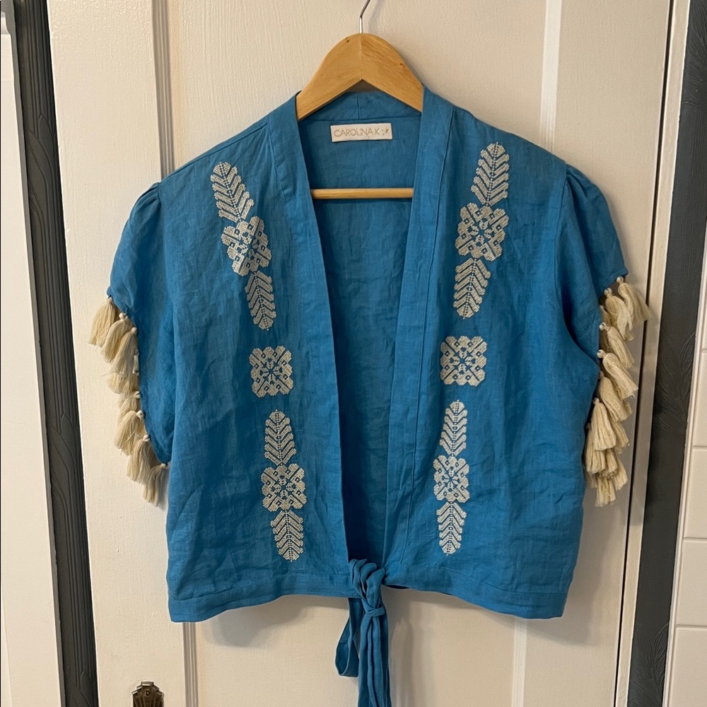 Carolina K Embroidered Wrap Top with Fringe Sleeves